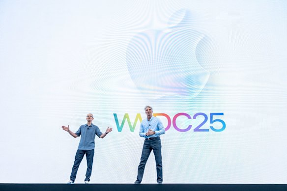 Apple chief Tim Cook (left) and Craig Federighi, senior vice president of software engineering, on stage at WWDC.