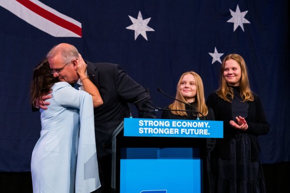 Scott Morrison concedes defeat at his election event at The Fullerton Hotel, Sydney.