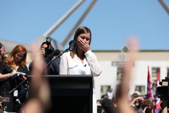 Former Liberal staffer Brittany Higgins, pictured at the March 4 Justice in Canberra, speaking up about her experience.