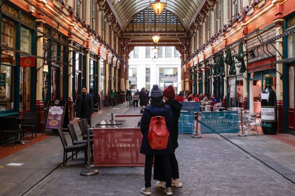 A near-empty terrace outside restaurants in Leadenhall Market at lunchtime during a train drivers strike in London last Friday. Strikes are estimated to have cost the UK economy £1.5 billion ($2.6 billion) last year, according to Bloomberg Economics. 