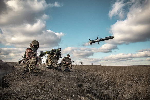 Ukrainian soldiers use a launcher with US Javelin missiles during military exercises in Donetsk region, Ukraine.