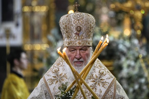 Russian Orthodox Patriarch Kirill delivers a Christmas service in Moscow, Russia, on January 6, Orthodox Christmas Eve.