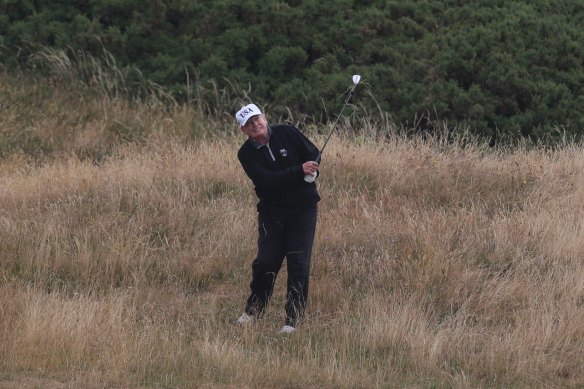 Donald Trump plays golf at Turnberry golf club, in Turnberry, Scotland.