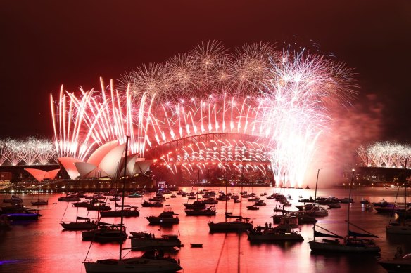 The New Year's Eve fireworks in Sydney, as seen from Mrs Macquarie's Point.