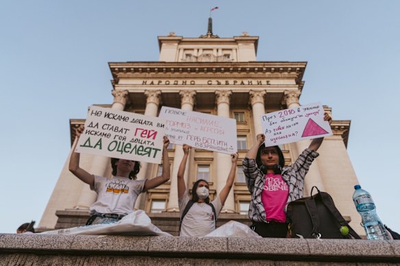 Protesters during a demonstration against the LGBTQ education law in Sofia, Bulgaria.