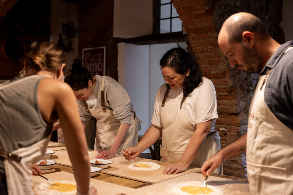 Making pasta at Emiko Davies’ Enoteca Marilù cooking school and wine bar in Tuscany.
