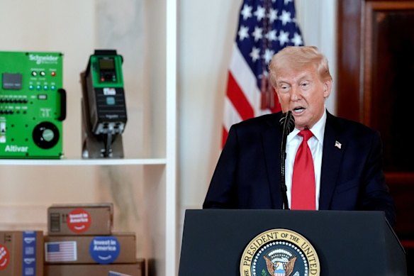 Donald Trump was surrounded by products made by the assembled corporations, including Pratt Industries cardboard boxes.