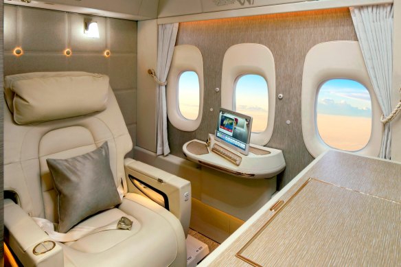 Emirates’ slick first-class suites on board a Boeing 777.