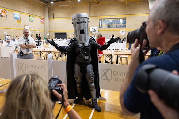 Count Binface poses for the media during the byelection count in Clacton-on-Sea.