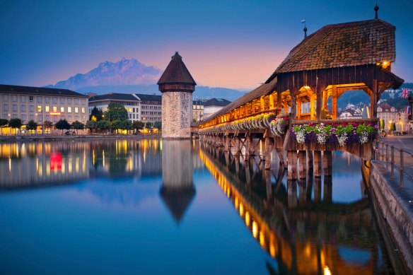 The Chapel Bridge in the town of Lucerne.