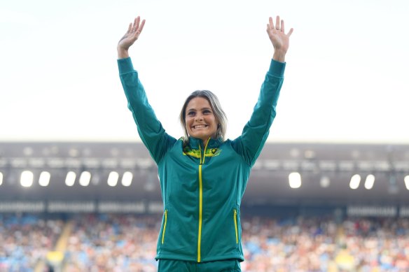 BIRMINGHAM, ENGLAND - AUGUST 03:  Gold medalist Nina Kennedy of Team Australia celebrates during the medal ceremony for the Women’s Pole Vault Final on day six of the Birmingham 2022 Commonwealth Games.