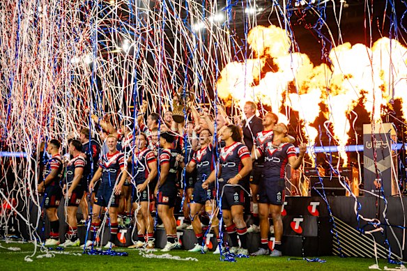 The Sydney Roosters celebrate winning the NRL and NRLW Telstra Premiership.