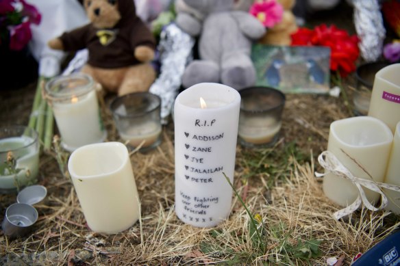 Tributes left at Hillcrest Primary School following the death of five children in a jumping castle accident. 