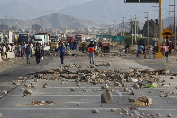 A blocked highway during protests in Trujillo, Peru, this week.