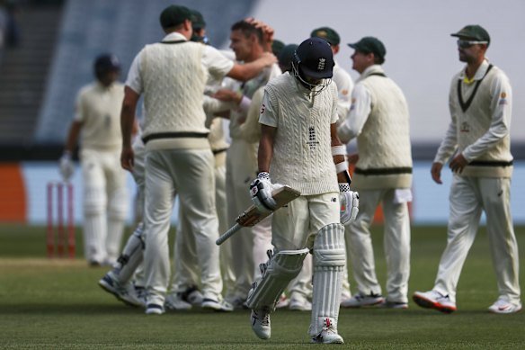 England's Haseeb Hameed walks off after he was dismissed by Australia's Scott Boland during the second day of their cricket test match in Melbourne, Australia, Monday, Dec. 27, 2021. (AP Photo/Asanka Brendon Ratnayake)