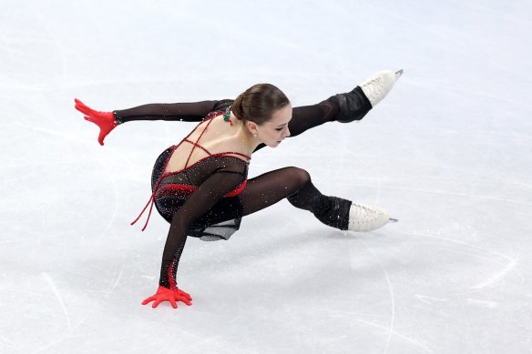 Kamila Valieva of Team ROC falls during the Women Single Skating Free Skating Team Event on day three of the Beijing 2022 Winter Olympic Games on Friday.