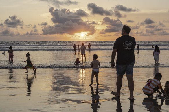 The sun goes down at Double Six beach in Seminyak, Bali.