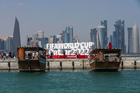 Traditional boats, known as dhows, against a backdrop of skyscrapers on the Doha corniche. The city has seen extraordinary growth in the last 20 years.