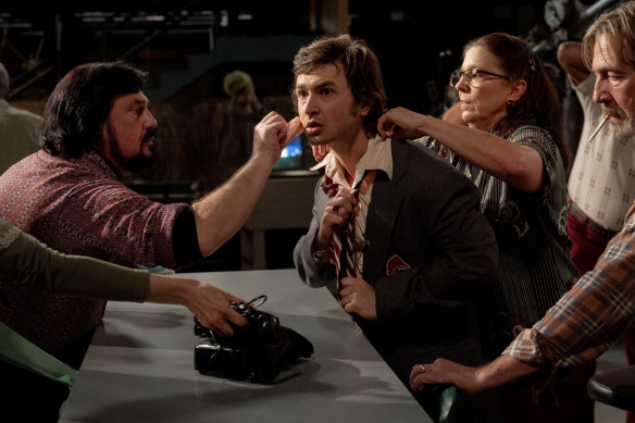 Gabriel LaBelle (centre) plays Saturday Night Live creator Lorne Michaels in the film Saturday Night. 