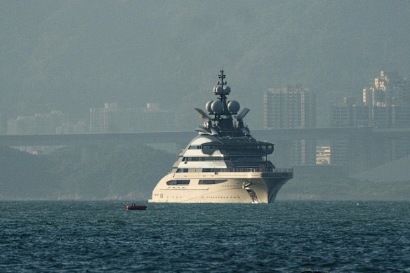 The Nord super-yacht in Hong Kong in 2022. It has 20 staterooms, a swimming pool, a helipad and a submarine.