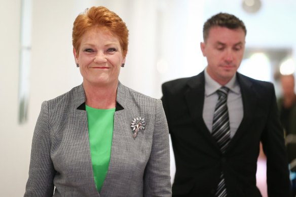 One Nation Senator Pauline Hanson with adviser James Ashby. Both have denied any wrongdoing.