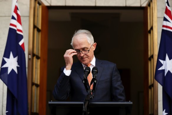 Malcolm Turnbull at his final press conference as PM, in August 2018. Turnbull quit politics after being deposed, rather than take a seat on the backbench. 