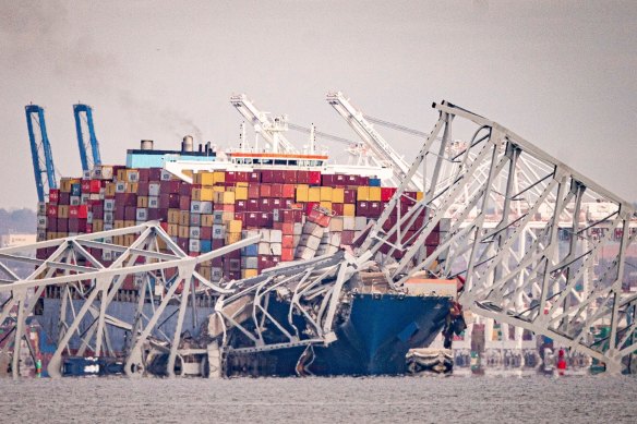 The Dali container vessel after striking the Francis Scott Key Bridge.