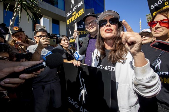 A scene from the SAG-AFTRA strike in Los Angeles in July.