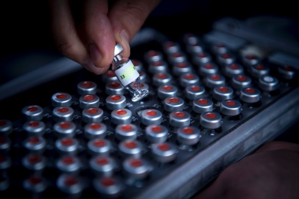 "Champagne vials" contain extracted blood samples that are ready to be tested in the liquid chromatograph and mass spectrometer.