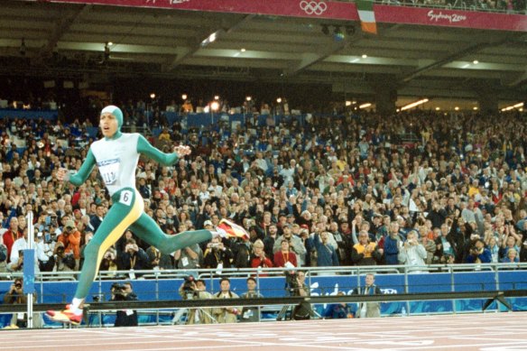 High point: Cathy Freeman crosses the line to win gold at the Sydney 2000 Olympics.