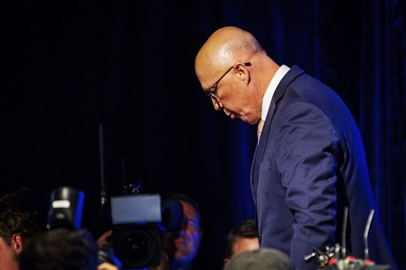 Peter Dutton leaves the stage after delivering his concession speech in Brisbane on Saturday night.
