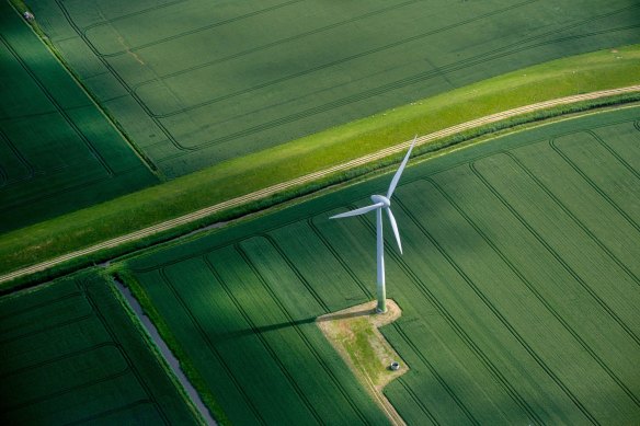 A wind turbine on farm land near Hamburg, Germany.