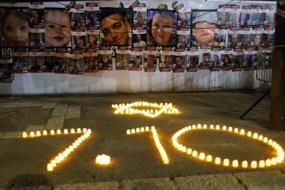 Candles spell out “October 7” outside the Knesset, Israel’s parliament, in Jerusalem, to mark a month since the hamas attack.