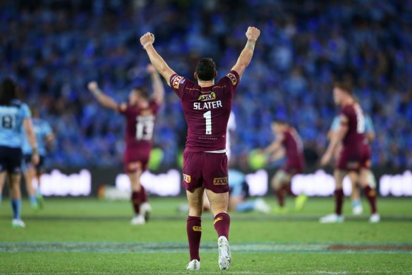 Billy Slater celebrates a Queensland victory.
