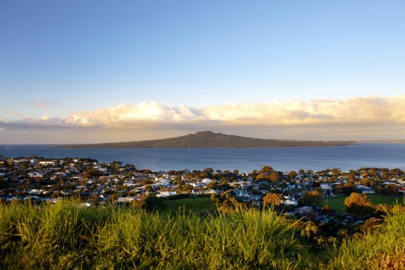 Rangitoto Island’s volcanic terrain, seen from Auckland.