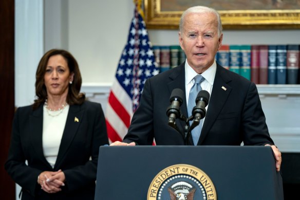 US Vice President Kamala Harris, left, and President Joe Biden in the White House in Washington earlier this month.