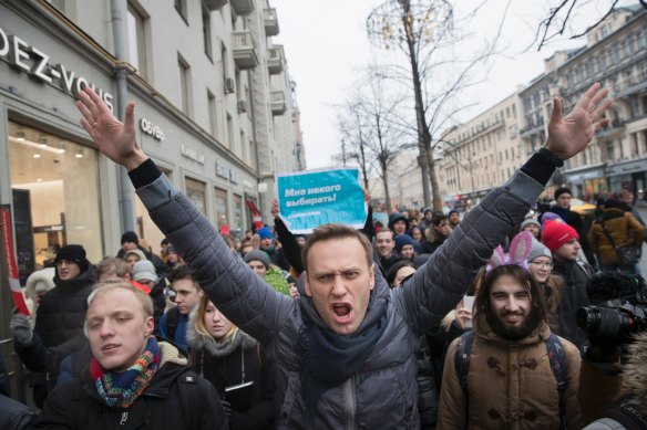 Alexei Navalny, pictured here at the centre of a 2018 rally in Moscow. 