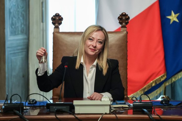 Giorgia Meloni, Italy’s new prime minister, rings a bell during her first cabinet meeting at Chigi Palace in Rome, Italy on October 23.