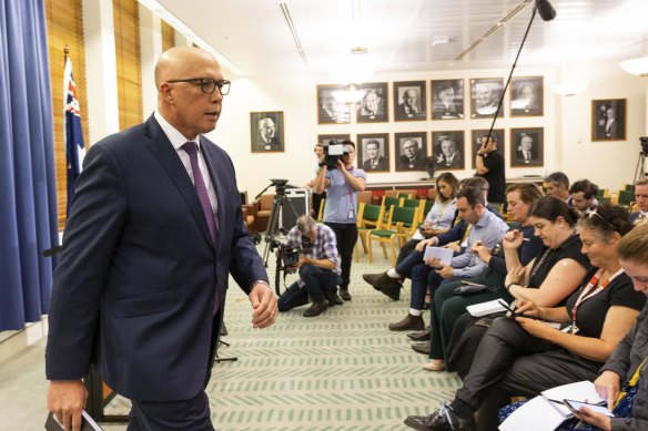 Opposition Leader Peter Dutton after his party room meeting on Wednesday. 