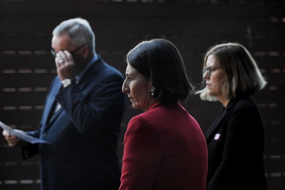 Health Minister Brad Hazzard, Premier Gladys Berejiklian and Chief Health Officer Dr Kerry Chant.