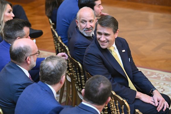 Acting US Attorney-General Todd Blanche (front right) and Commerce Secretary Howard Lutnick ahead of Trump’s address.