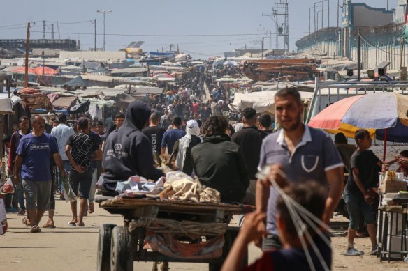 Displaced Palestinians at a temporary camp in Rafah on Saturday.