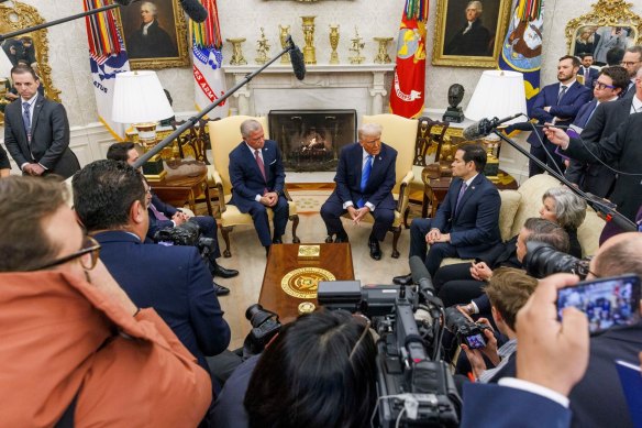 King Abdullah, Trump, and Secretary of State Marco Rubio (right) meet in the Oval Office. 