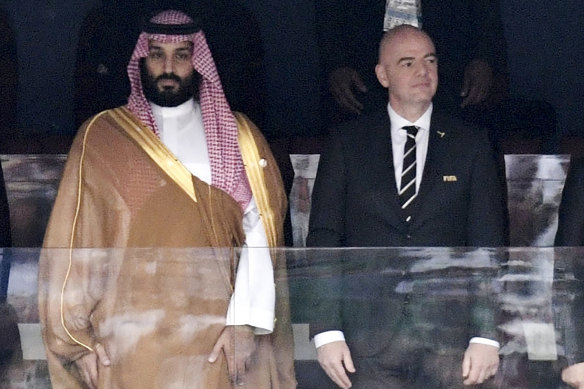 Mohammed bin Salman and Gianni Infantino at the 2018 World Cup in Russia.