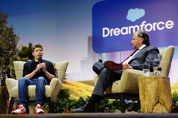 OpenAI chief Sam Altman and Salesforce chief Marc Benioff speak at the conference. 