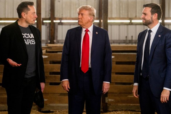 Co<em></em>nspiracy theorists Do<em></em>nald Trump and his running mate J.D.Vance, right, with X owner Elon Musk.