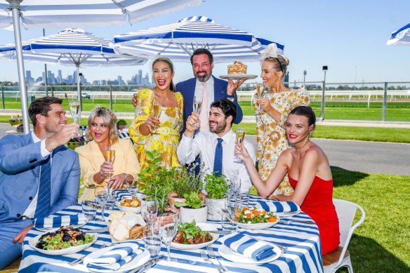 Melbourne Cup Carnival Ambassadors - (left to right) Tom Hawkins, Emma Hawkins, Diana Chan ,Bruce Keebaugh ,Christian Petracca, Crystal Kimber and Montana Cox at Flemington racecourse. 