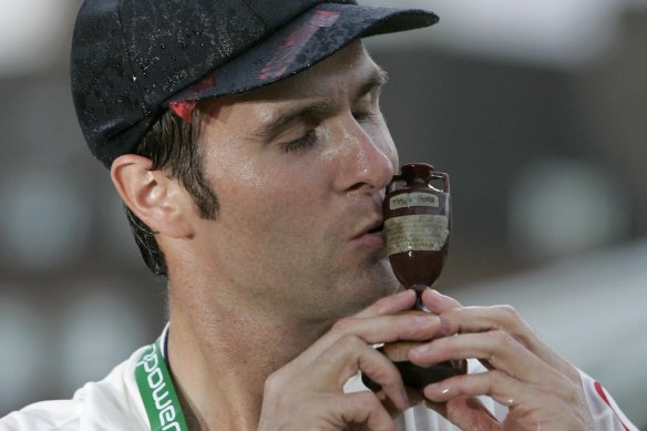 Michael Vaughan celebrates England’s shock Ashes triumph in 2005.