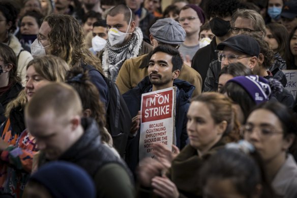 Melbourne University union members and students gather to strike in May after delays in reaching an agreement with the university on pay and conditions.