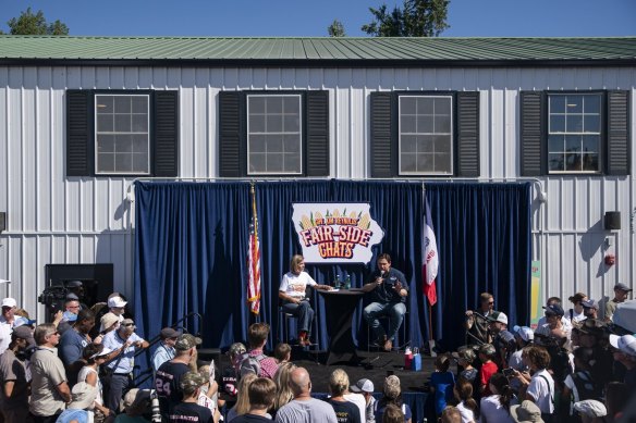 Ron DeSantis (centre right), during a Fair-Side Chat with Iowa Governor Kim Reynolds (centre left) at the Iowa State Fair.